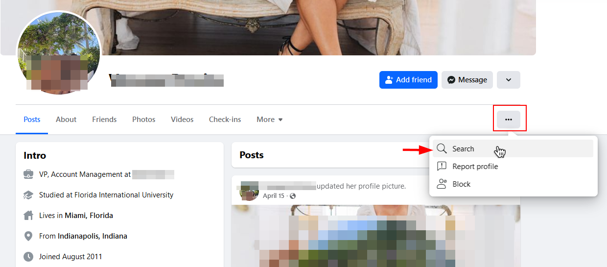 Search within a specific Facebook user profile