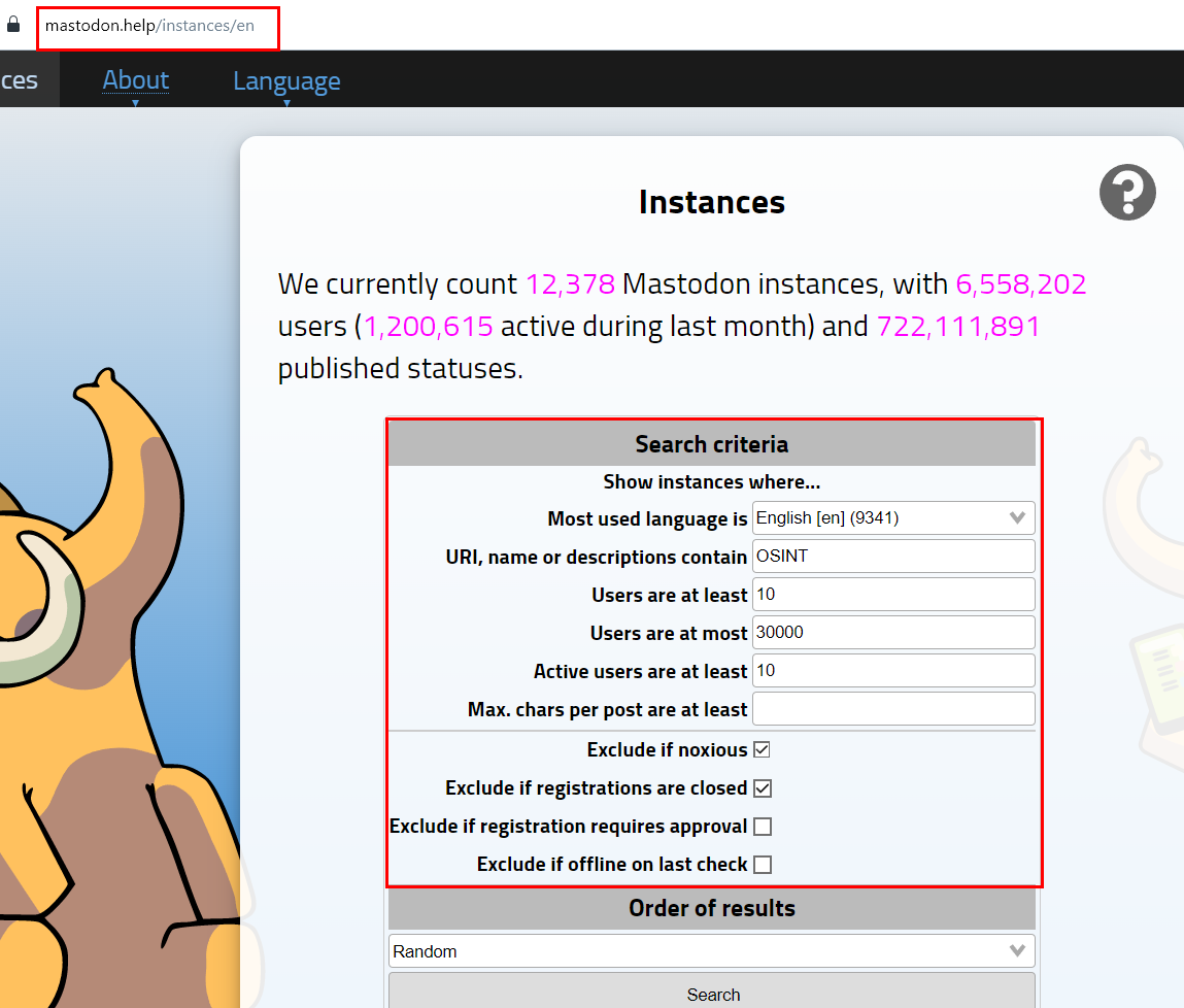 A screen capture with the title "Instances" at the top shows the number of instances and users on Mastodon with a search box available with various narrowing options.