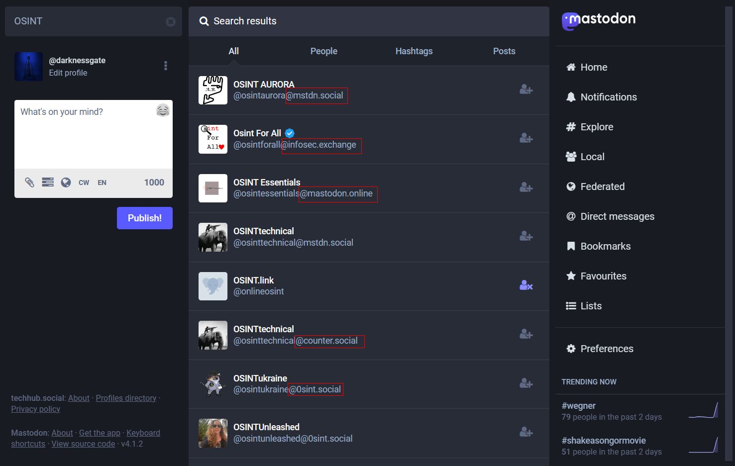 screenshot of Mastodon search results