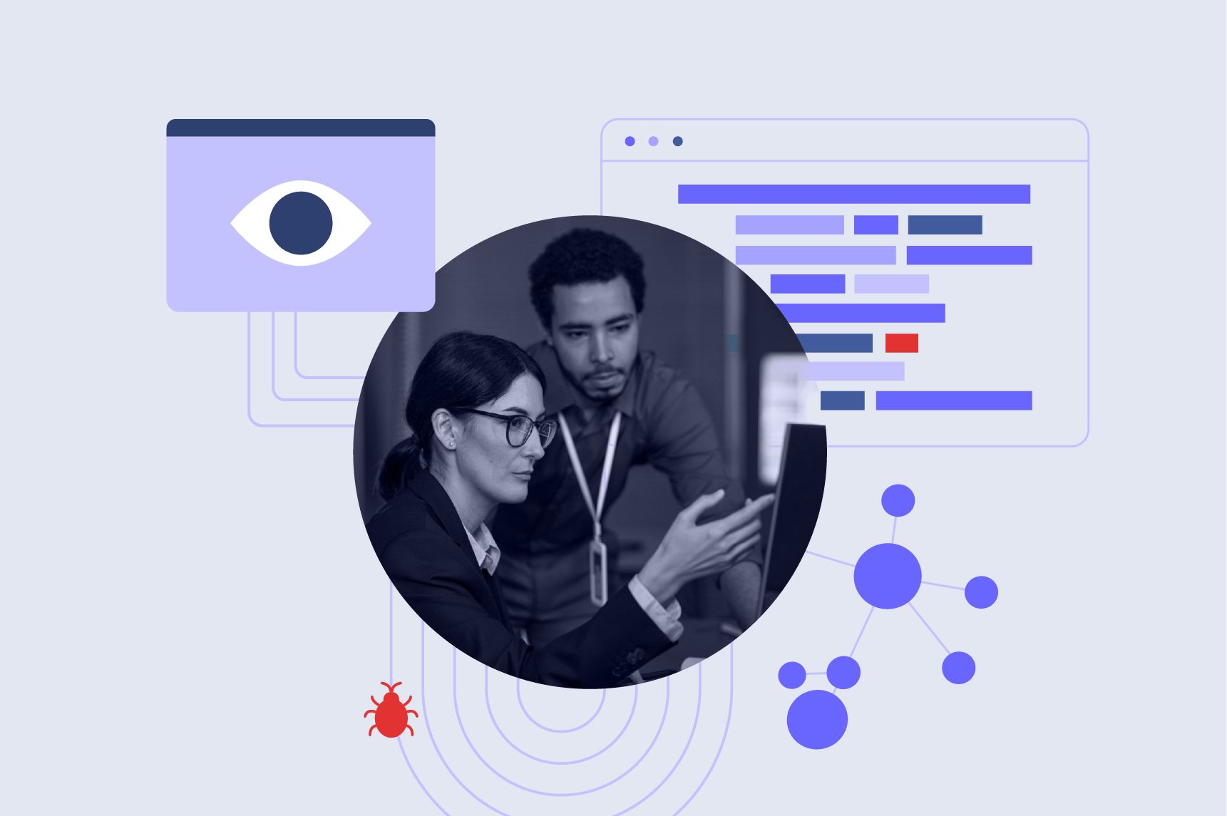 Two professionals analyzing data on a computer screen, with digital icons representing security and analytics surrounding them.