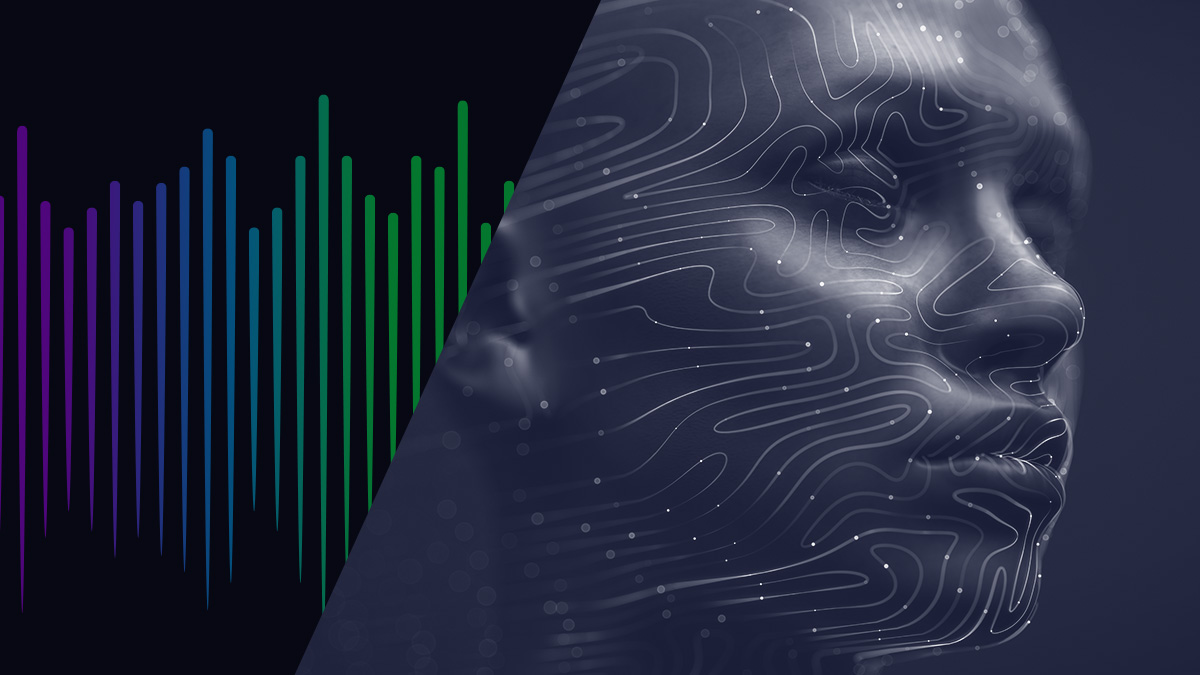 Graphic image featuring a profile of a human head overlaid with digital circuit patterns and a multi-colored sound wave, symbolizing technology and data analysis.