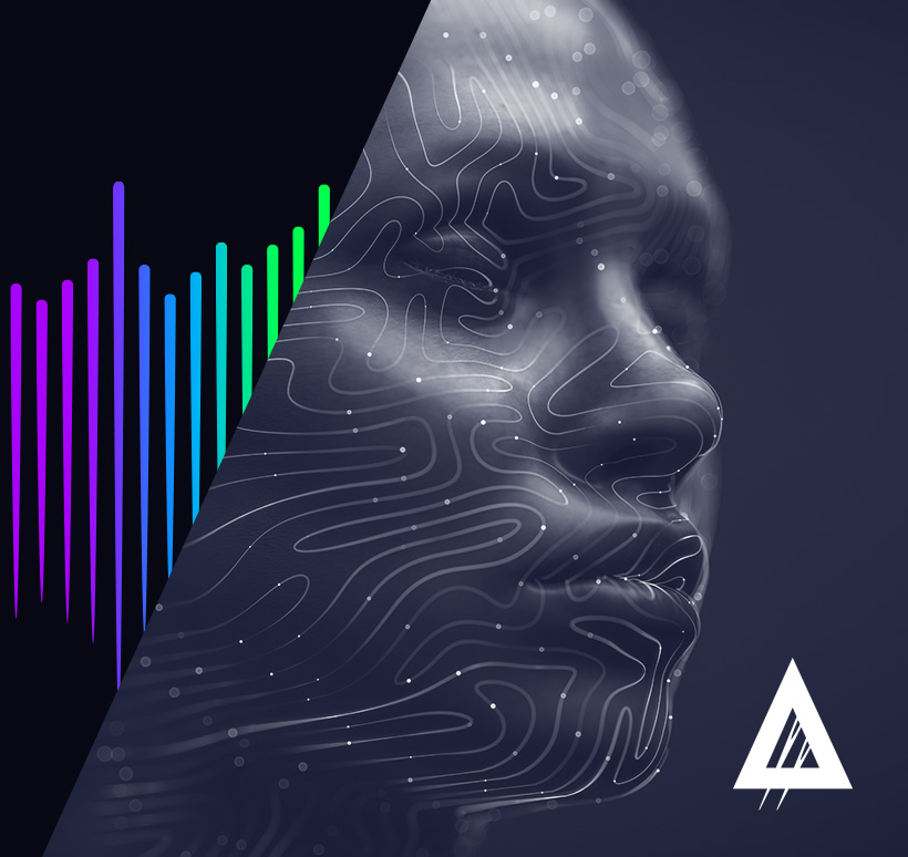 Graphic image featuring a profile of a human head overlaid with digital circuit patterns and a multi-colored sound wave, symbolizing technology and data analysis, with a logo resembling a triangle at the bottom right corner.