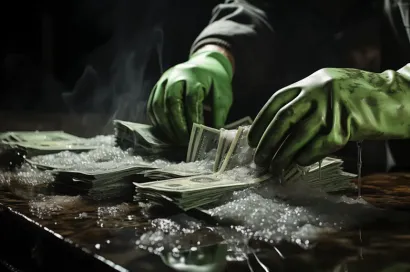 gloved hands washing money representing money laundering financial crime