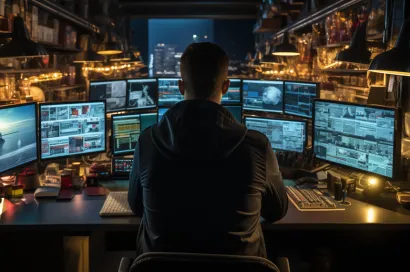a man sitting at a control station, with multiple computer monitors, participating in osint gathering